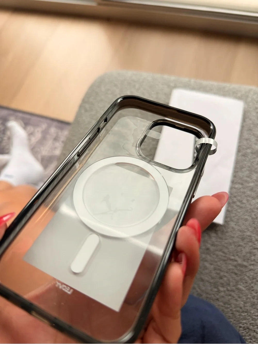 Casetify Clear Case with Black Bumper and Red & Cream AMOR Card